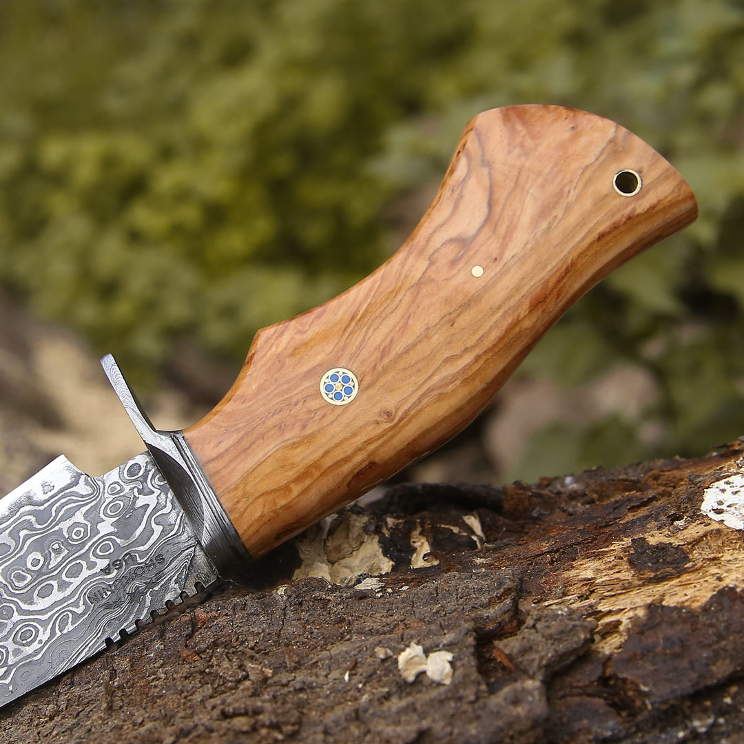 Custom Hunting Knife - Outrider Damascus Custom Hunting Knife with Exotic Olive Wood Handle - Shokunin USA