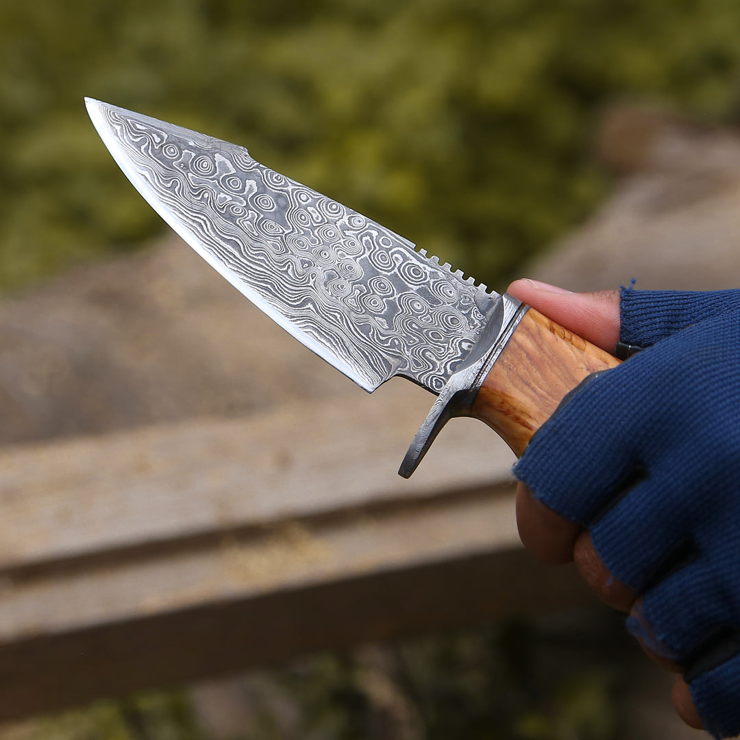 Custom Hunting Knife - Outrider Damascus Custom Hunting Knife with Exotic Olive Wood Handle - Shokunin USA