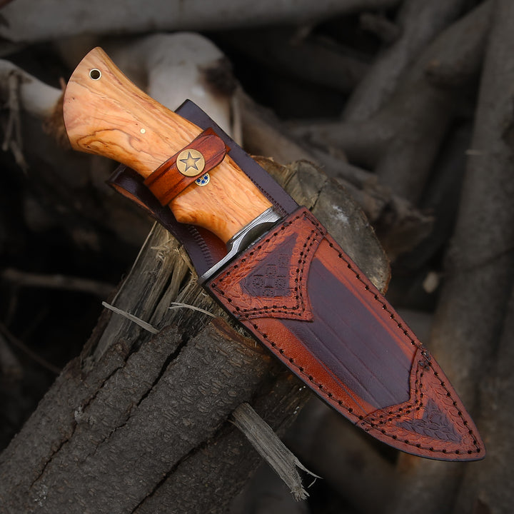 Custom Hunting Knife - Outrider Damascus Custom Hunting Knife with Exotic Olive Wood Handle - Shokunin USA