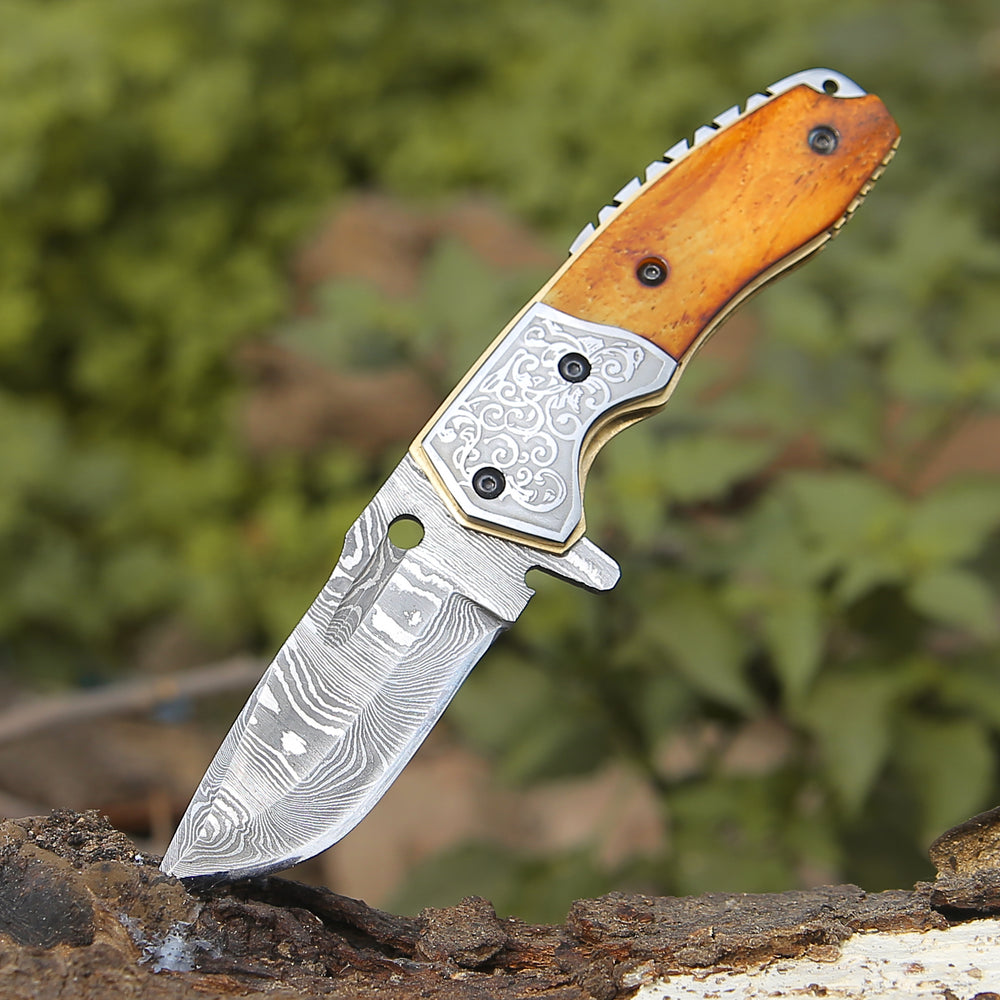 Damascus Pocket Knife - Reckoner Damascus Pocket Knife with Charred Bone Handle - Shokunin USA