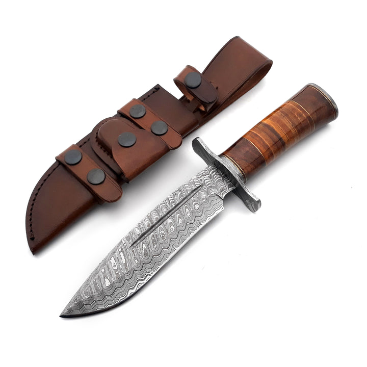 Damascus Knife - Rambo Bowie Knife with Exotic Rosewood & Stacked Leather Handle - Shokunin USA