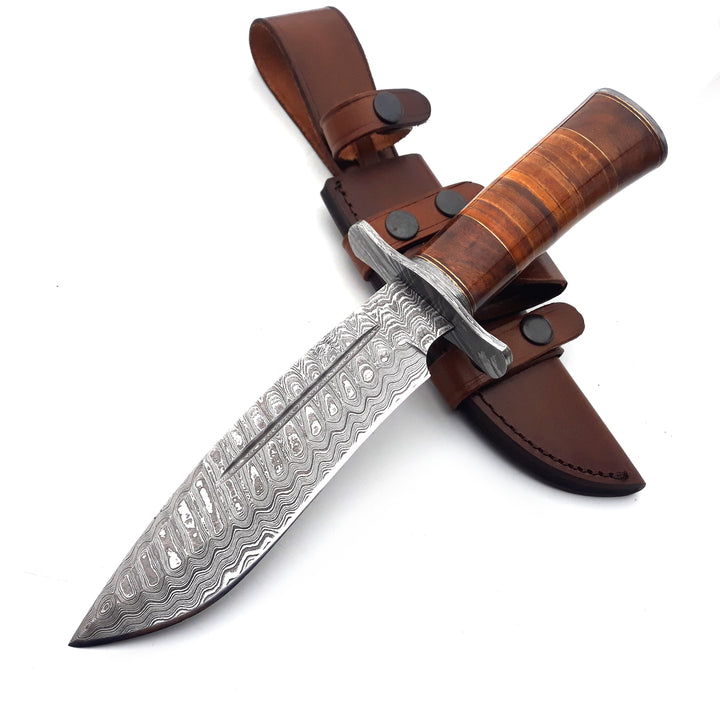 Damascus Knife - Rambo Bowie Knife with Exotic Rosewood & Stacked Leather Handle - Shokunin USA
