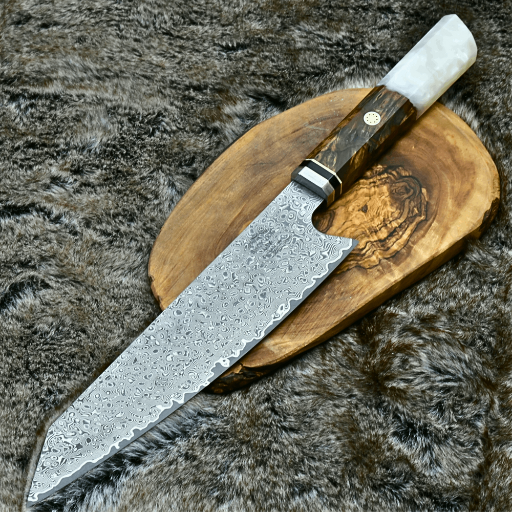 Chef Knife - Aurora Japanese Chef Knife with Exotic Olive Burl Wood & Mother of Pearl Handle - Shokunin USA
