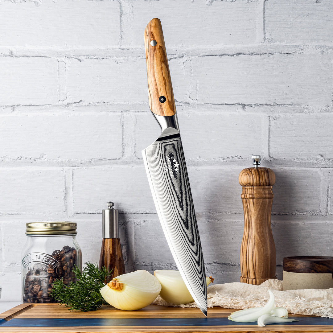 Chef knife. - Stellar Japanese Chef's Knife with Olive Wood Handle - Shokunin USA