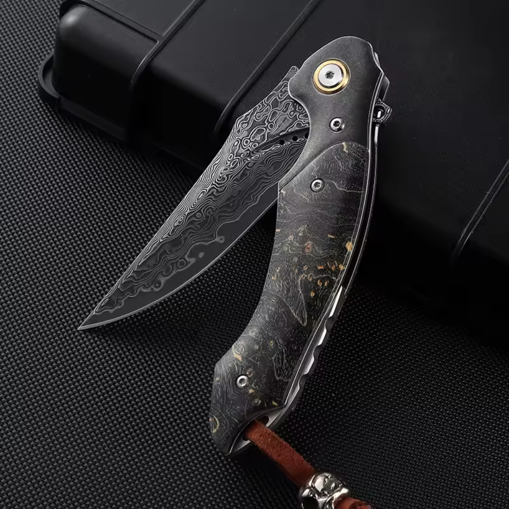 Pocket Knife - Venom Japanese Damascus Pocket Knife with Stained Maple Burl Wood Handle - Shokunin USA