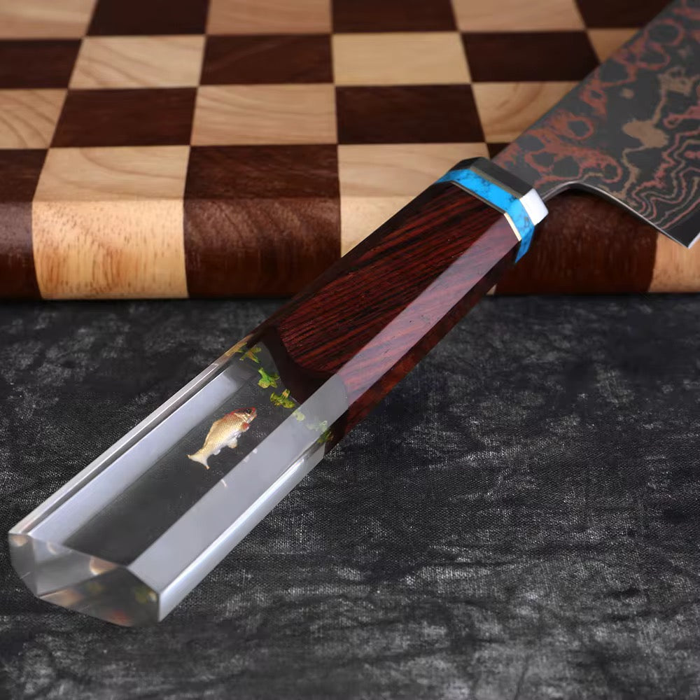 Chef knife - Noble Copper & Cobalt Alloy Damascus Chef Knife with Exotic Bloodwood & Resin Handle - Shokunin USA