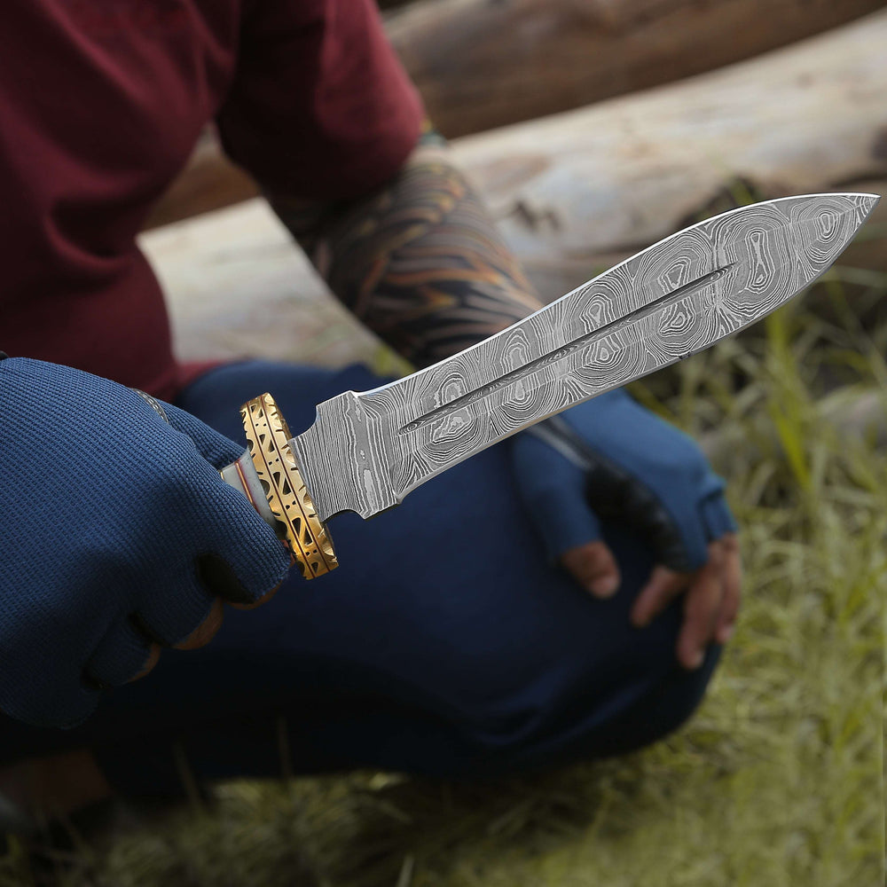 Damascus knife - Fear Damascus Fixed Blade Hunting Knife with Bull Horn & Brass Handle - Shokunin USA