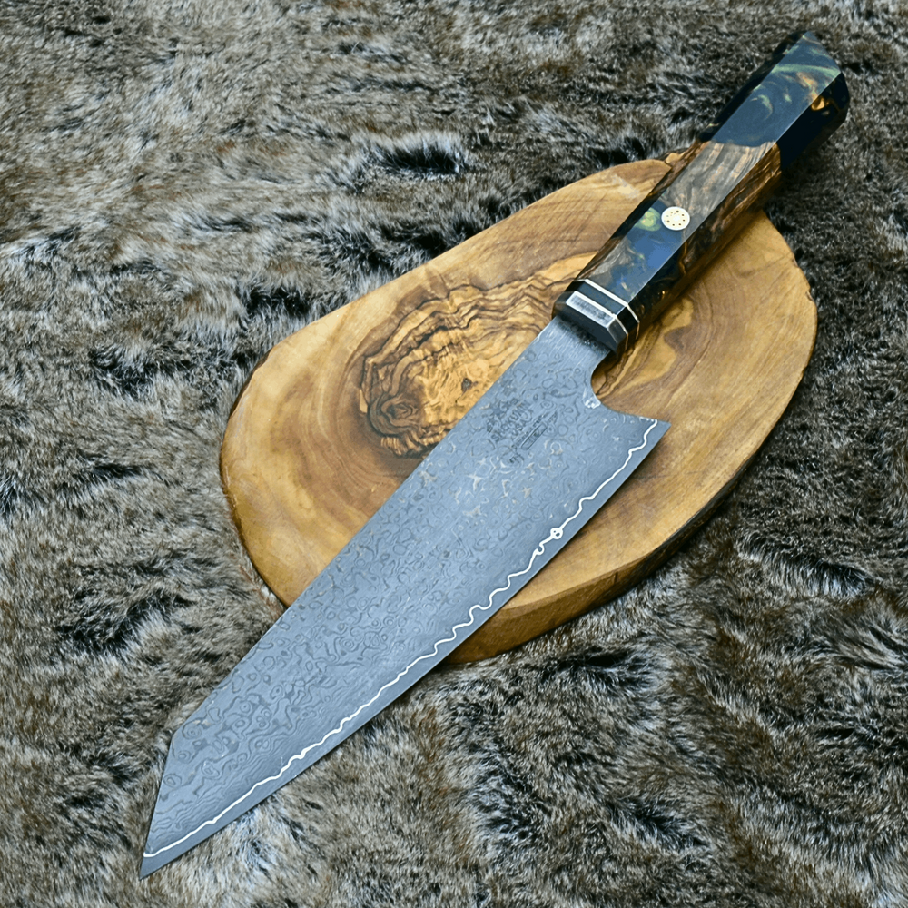 Chef knife - Aurora Japanese Chef Knife with Exotic Olive Burl & Emerald Green Pearl Resin Handle - Shokunin USA