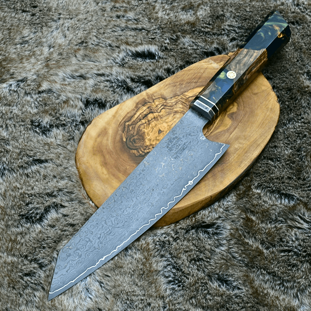 Chef knife - Aurora Japanese Chef Knife with Exotic Olive Burl & Emerald Green Pearl Resin Handle - Shokunin USA