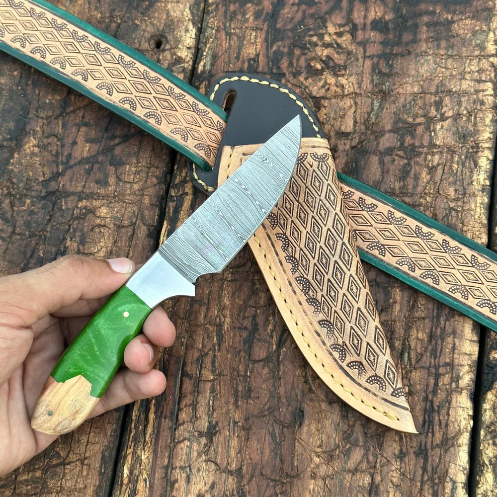 Fixed blade knife. - Yellowstone Damascus Skinner Knife with Hand tooled Sheath & Belt - Shokunin USA