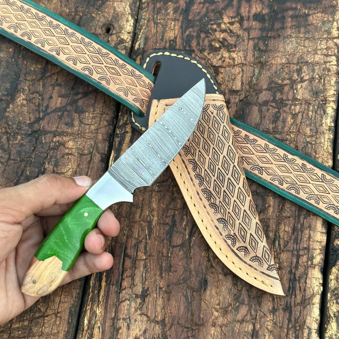 Fixed blade knife. - Yellowstone Damascus Skinner Knife with Hand tooled Sheath & Belt - Shokunin USA
