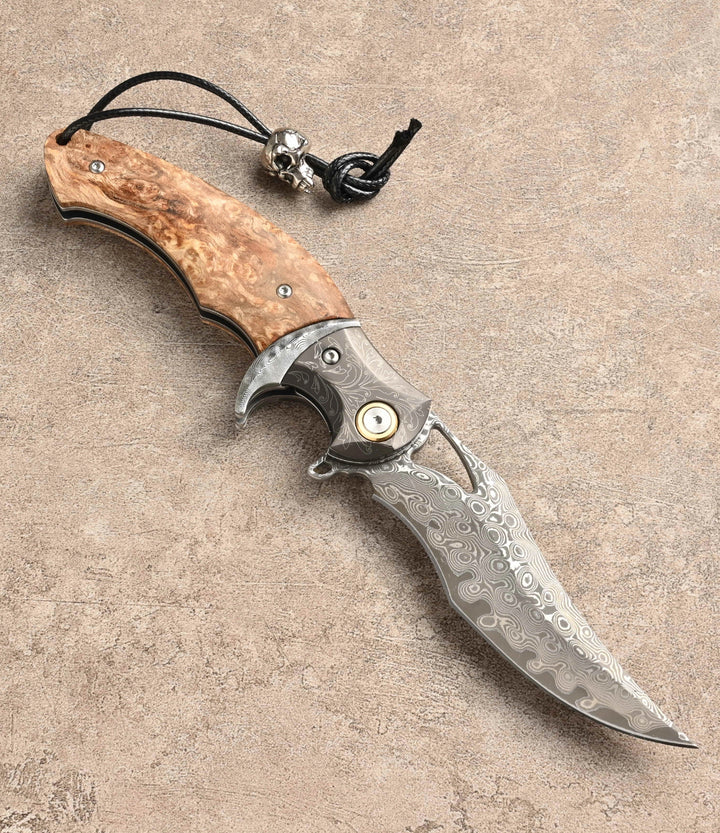 Damascus Knife - Crest Japanese Damascus Pocket knife with Maple Burl Handle - Shokunin USA