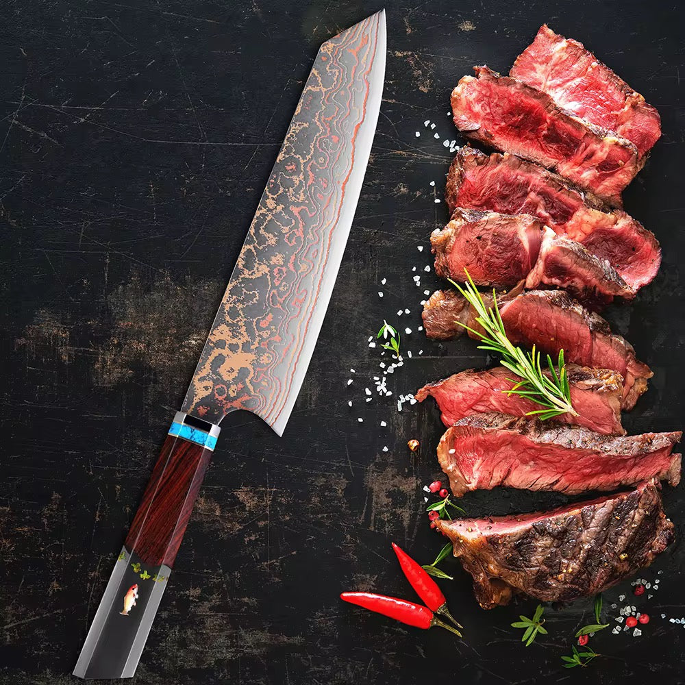 Chef knife - Noble Copper & Cobalt Alloy Damascus Chef Knife with Exotic Bloodwood & Resin Handle - Shokunin USA
