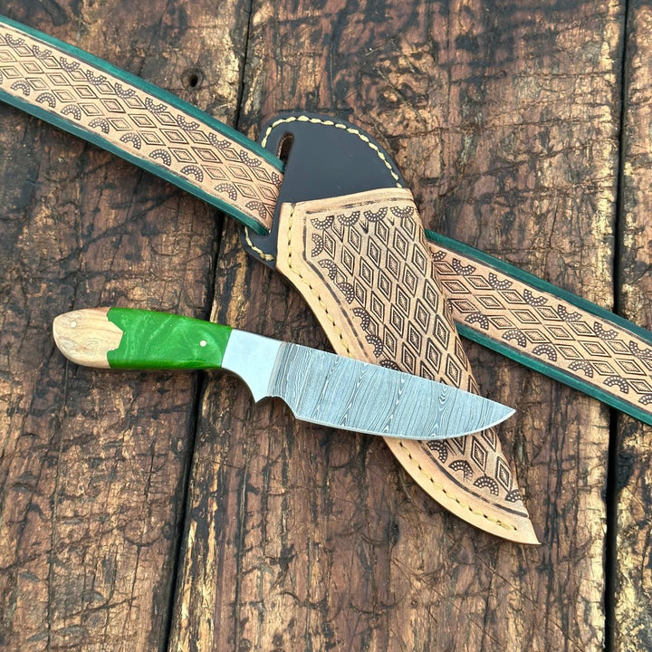 Fixed blade knife. - Yellowstone Damascus Skinner Knife with Hand tooled Sheath & Belt - Shokunin USA