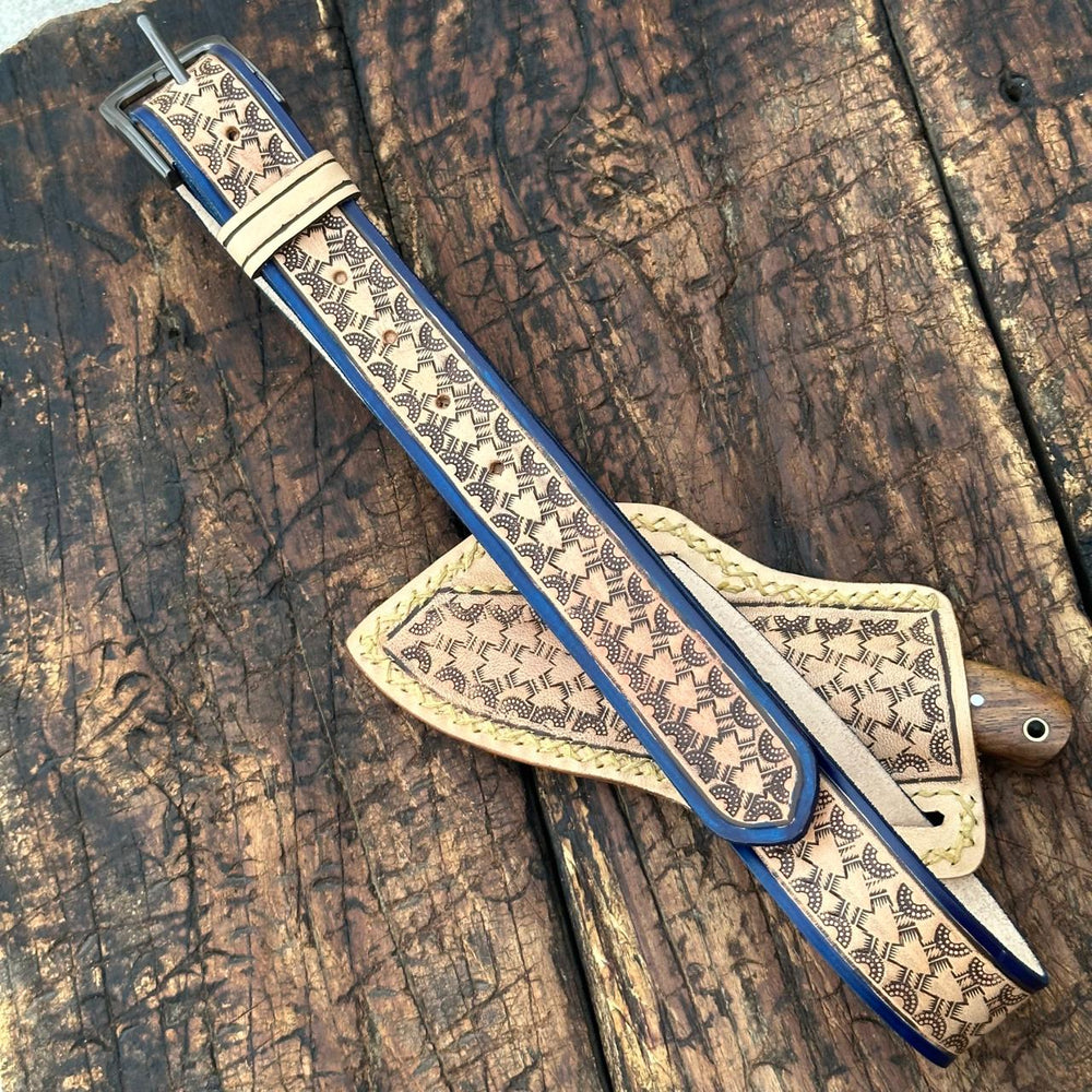 Fixed blade knife. - Desert Moon Handmade Damascus Skinner Knife with Handtooled Sheath & Belt - Shokunin USA