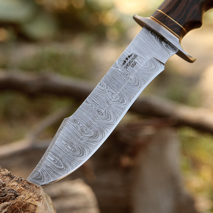 Hunting Knives - Thunderstrike Damascus Bowie Knife with Exotic Wenge Wood Handle - Shokunin USA