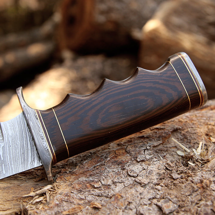 Hunting Knives - Thunderstrike Damascus Bowie Knife with Exotic Wenge Wood Handle - Shokunin USA