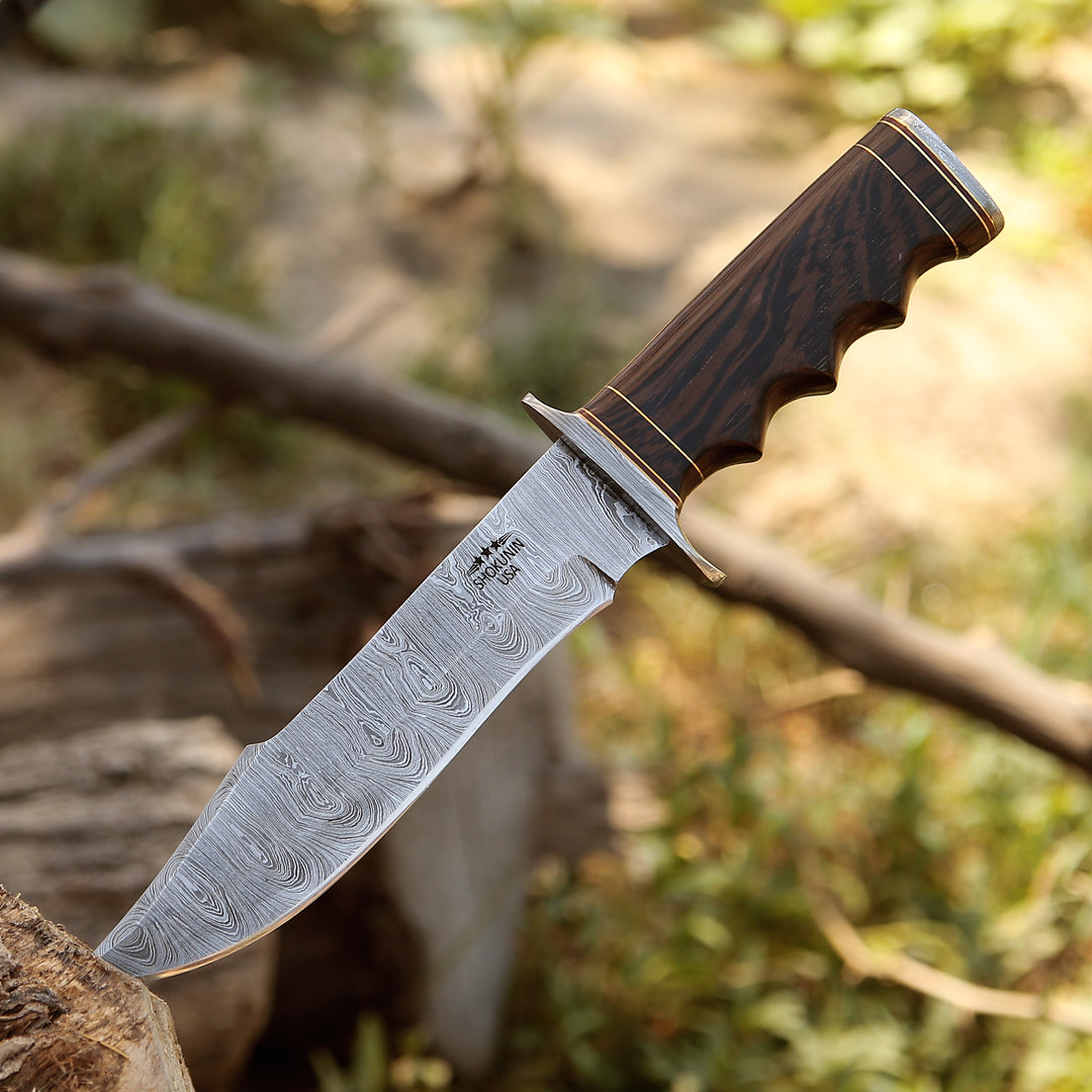 Hunting Knives - Thunderstrike Damascus Bowie Knife with Exotic Wenge Wood Handle - Shokunin USA