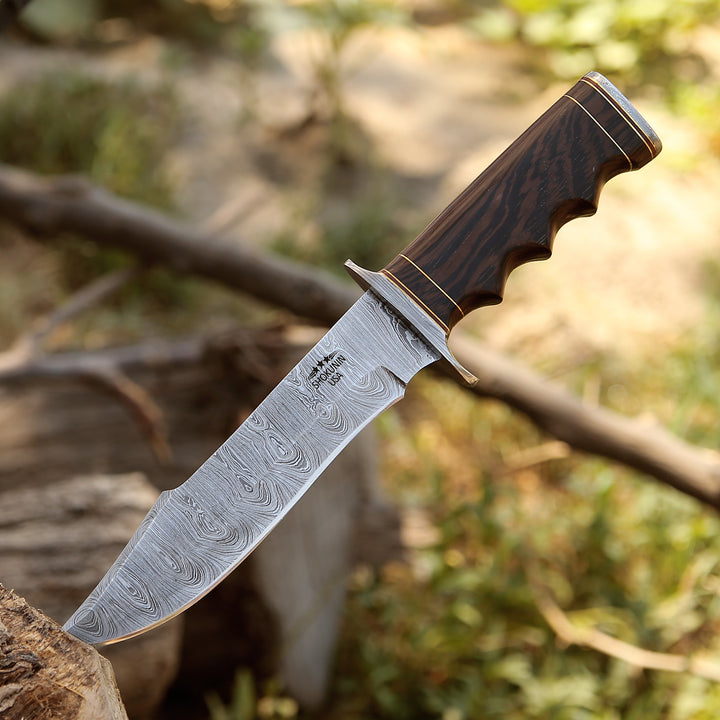 Hunting Knives - Thunderstrike Damascus Bowie Knife with Exotic Wenge Wood Handle - Shokunin USA