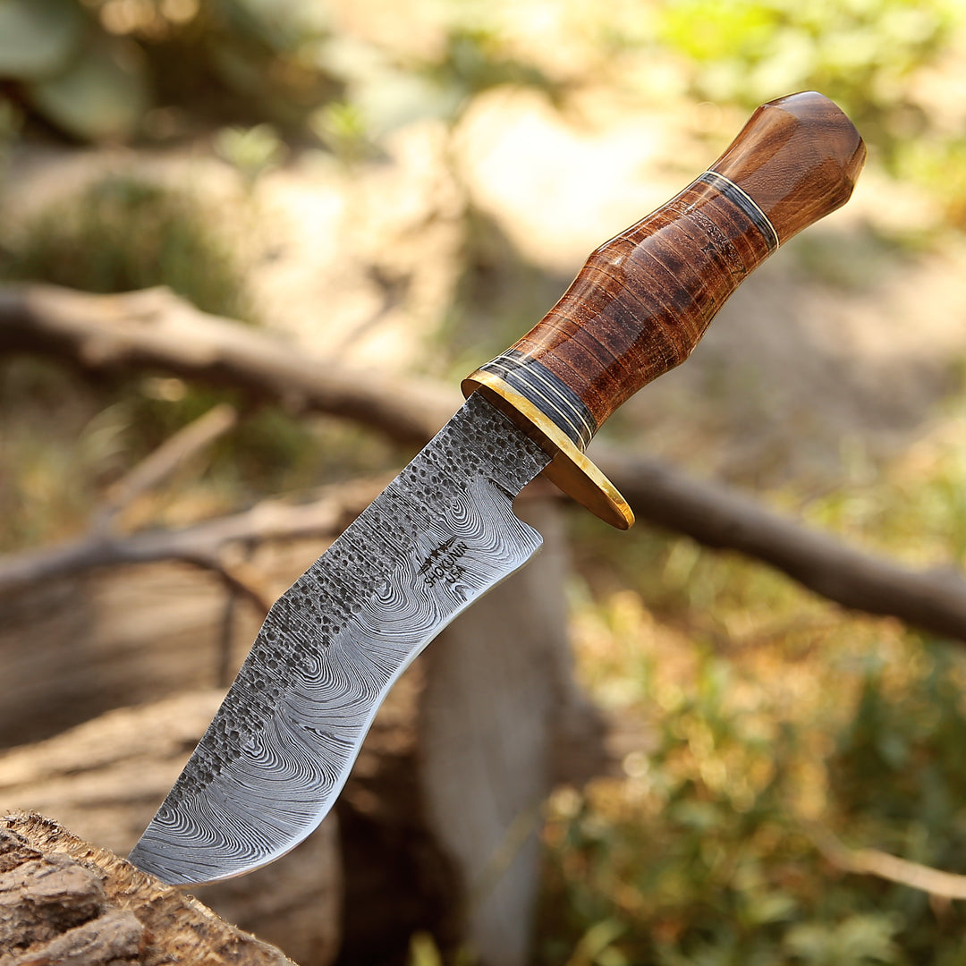 Damascus Knife - Hawk 11.5" Damascus Hunting Bowie Knife with Stacked Leather Handle - Shokunin USA