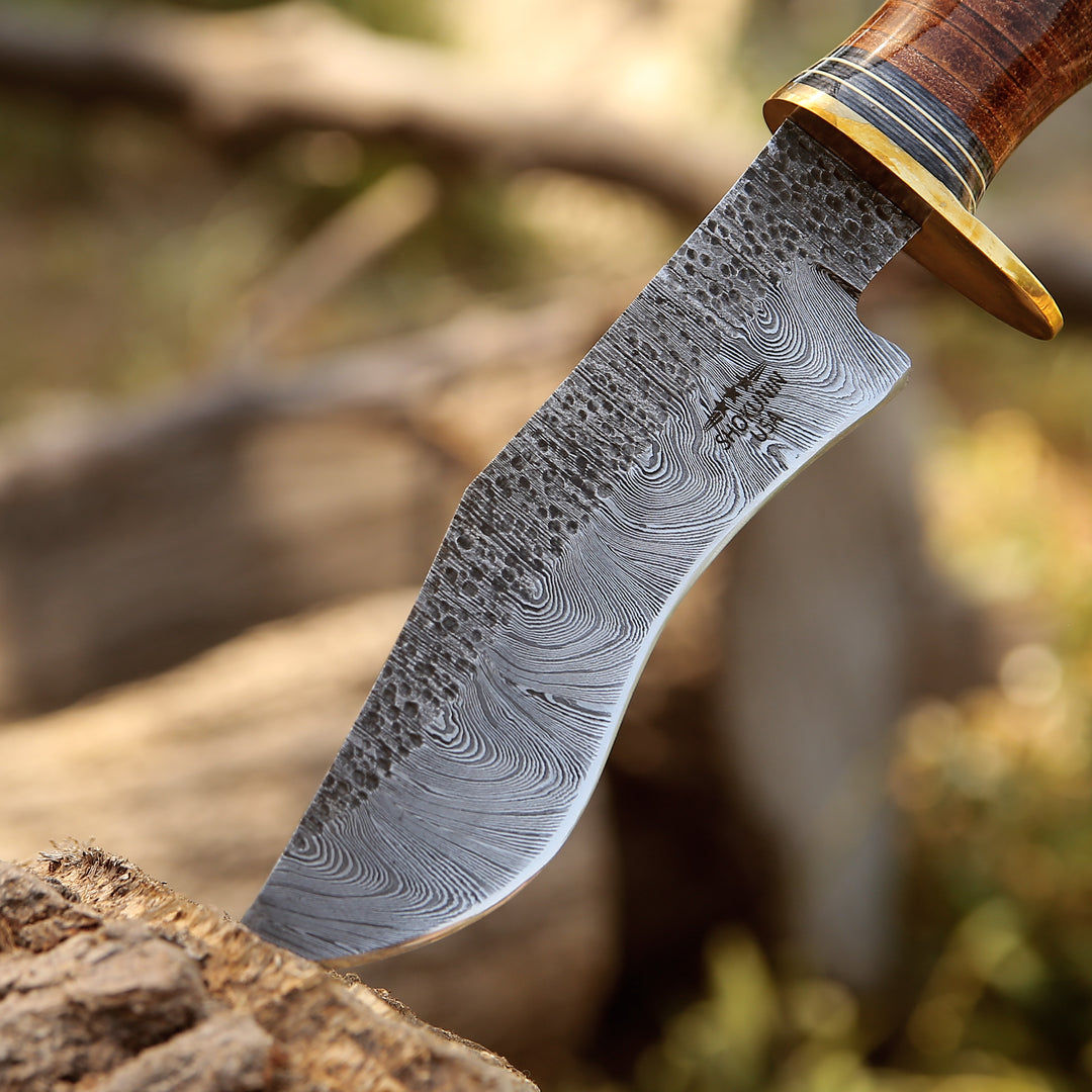 Damascus Knife - Hawk 11.5" Damascus Hunting Bowie Knife with Stacked Leather Handle - Shokunin USA