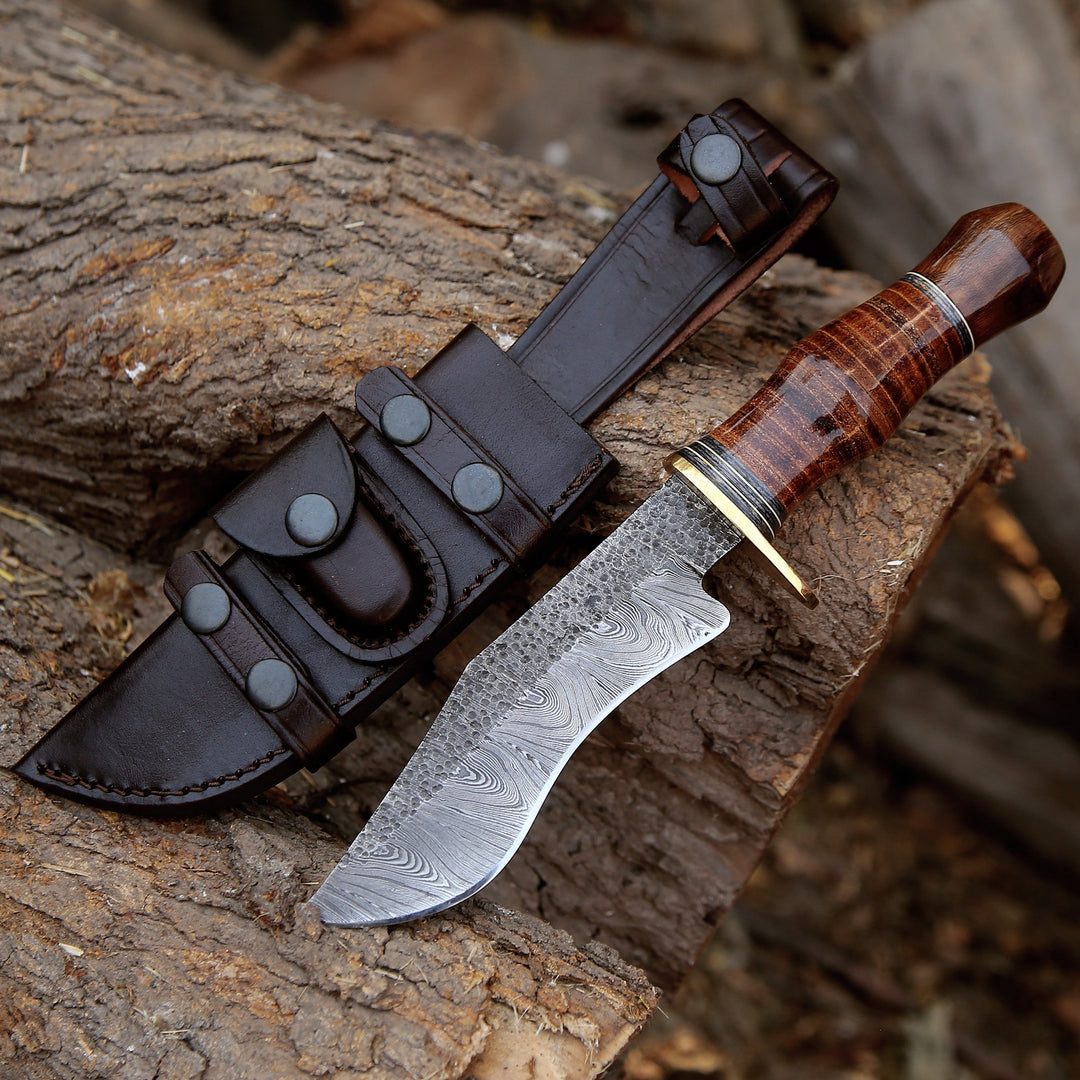 Damascus Knife - Hawk 11.5" Damascus Hunting Bowie Knife with Stacked Leather Handle - Shokunin USA