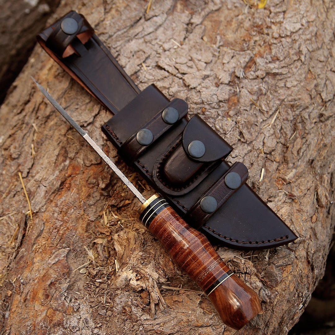 Damascus Knife - Hawk 11.5" Damascus Hunting Bowie Knife with Stacked Leather Handle - Shokunin USA