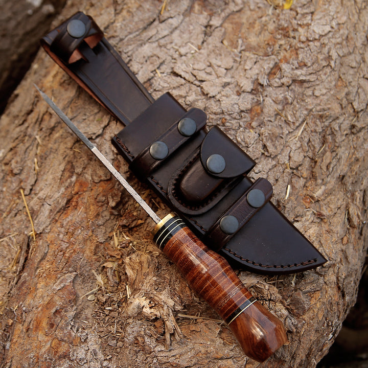Damascus Knife - Hawk 11.5" Damascus Hunting Bowie Knife with Stacked Leather Handle - Shokunin USA