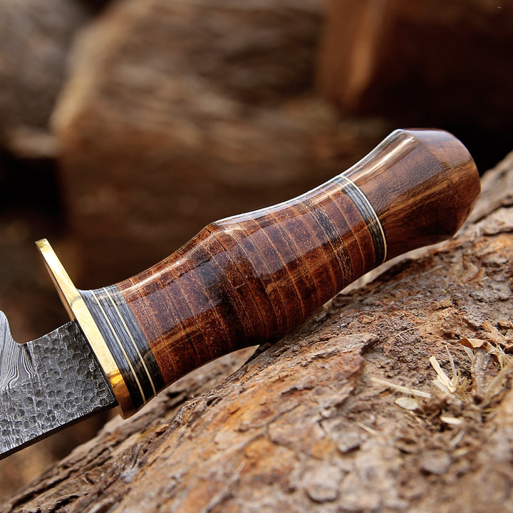 Damascus Knife - Hawk 11.5" Damascus Hunting Bowie Knife with Stacked Leather Handle - Shokunin USA