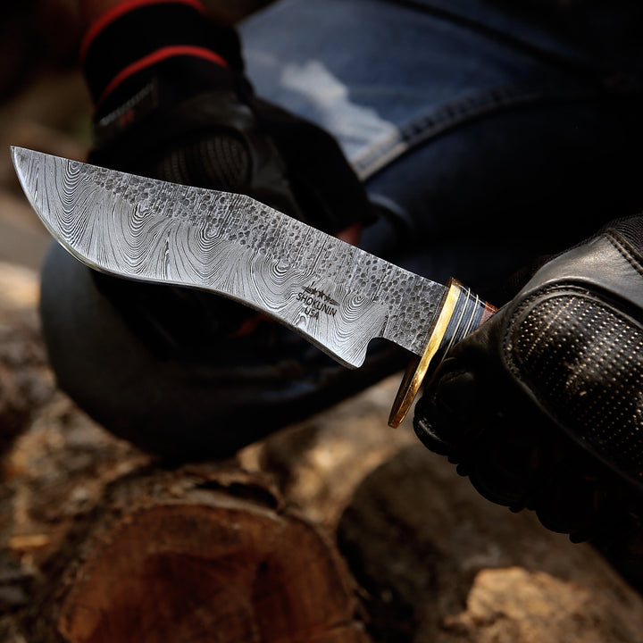 Damascus Knife - Hawk 11.5" Damascus Hunting Bowie Knife with Stacked Leather Handle - Shokunin USA