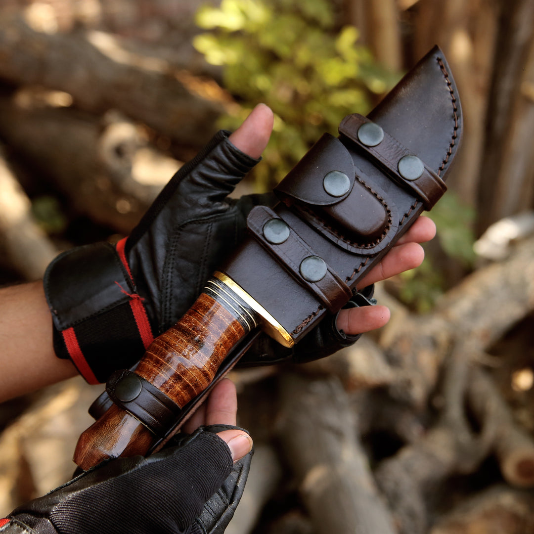 Damascus Knife - Hawk 11.5" Damascus Hunting Bowie Knife with Stacked Leather Handle - Shokunin USA