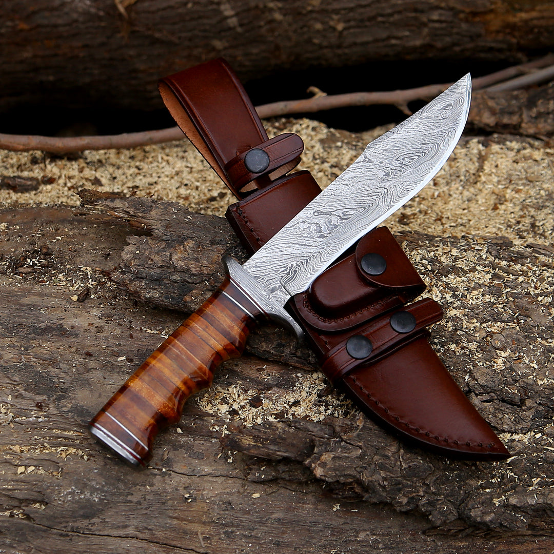 Hunting Knife - Ravager Damascus Steel Bowie Knife with Stacked Leather Handle - Shokunin USA