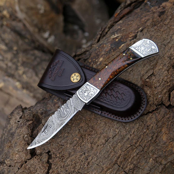 Custom Folding Knives - Striker Custom Pocket Knife with Pine Cone Handle - Shokunin USA