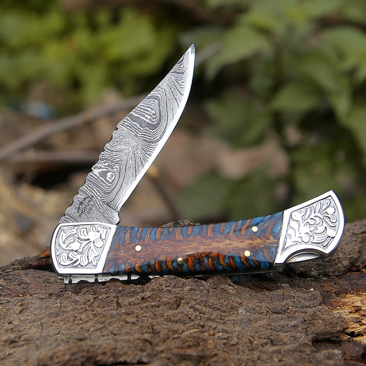 Custom Folding Knives - Striker Custom Folding Knife with Pine Cone Handle - Shokunin USA