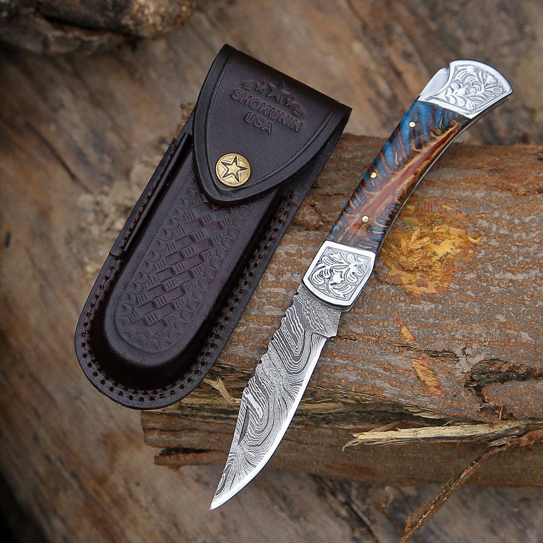 Custom Folding Knives - Striker Custom Folding Knife with Pine Cone Handle - Shokunin USA