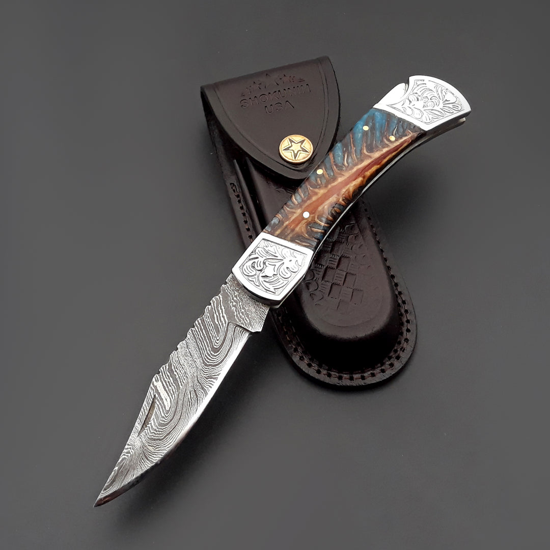 Custom Folding Knives - Striker Custom Folding Knife with Pine Cone Handle - Shokunin USA