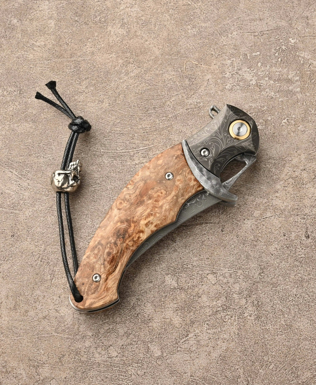 Damascus Knife - Crest Japanese Damascus Pocket knife with Maple Burl Handle - Shokunin USA