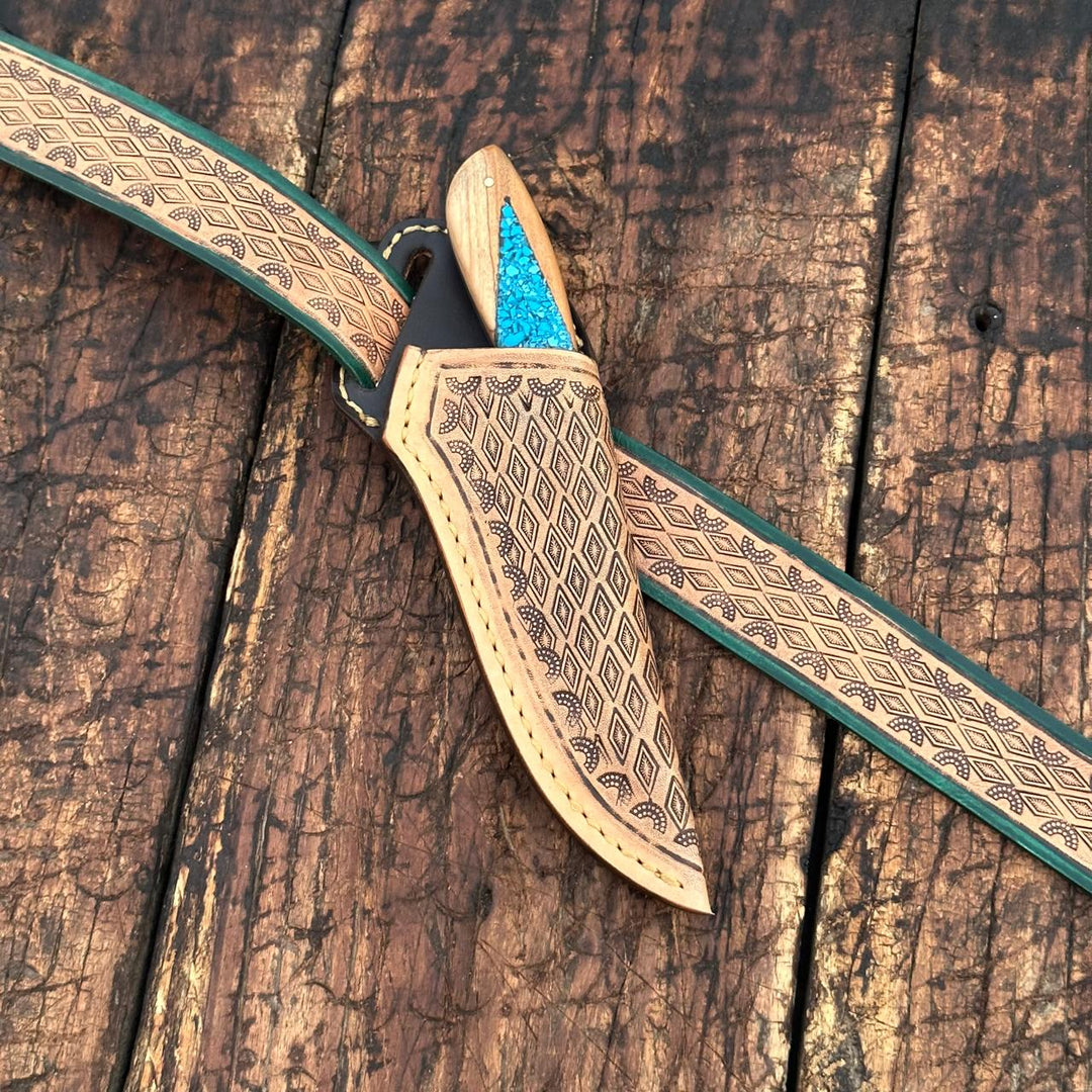 Fixed blade knife. - Canyon Damascus Skinner Knife with Hand tooled Sheath & Belt - Shokunin USA