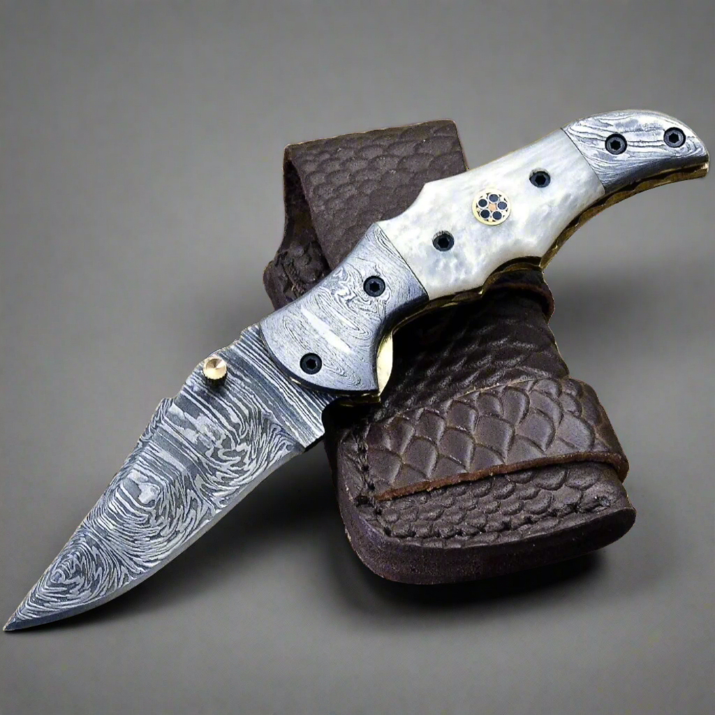 Pocket Knife - Celtic Gentleman's Folding Knife with Pearl Handle and Knife Sharpener - Shokunin USA
