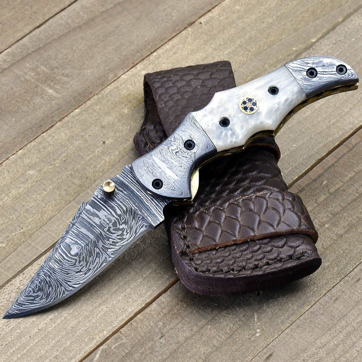 Pocket Knife - Celtic Gentleman's Folding Knife with Pearl Handle and Knife Sharpener - Shokunin USA