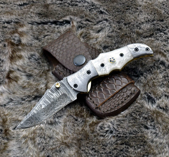 Pocket Knife - Celtic Gentleman's Folding Knife with Pearl Handle and Knife Sharpener - Shokunin USA
