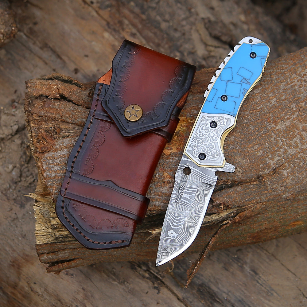 Damascus Folding Knife - Reckoner Damascus Folding Knife with Turquoise Resin Handle - Shokunin USA