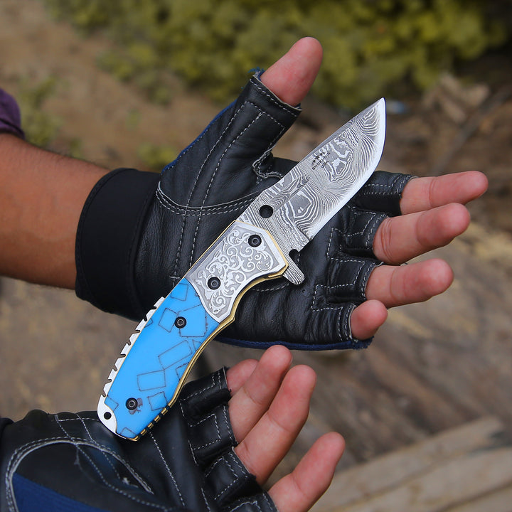 Damascus Folding Knife - Reckoner Damascus Folding Knife with Turquoise Resin Handle - Shokunin USA