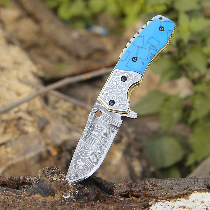 Damascus Folding Knife - Reckoner Damascus Folding Knife with Turquoise Resin Handle - Shokunin USA