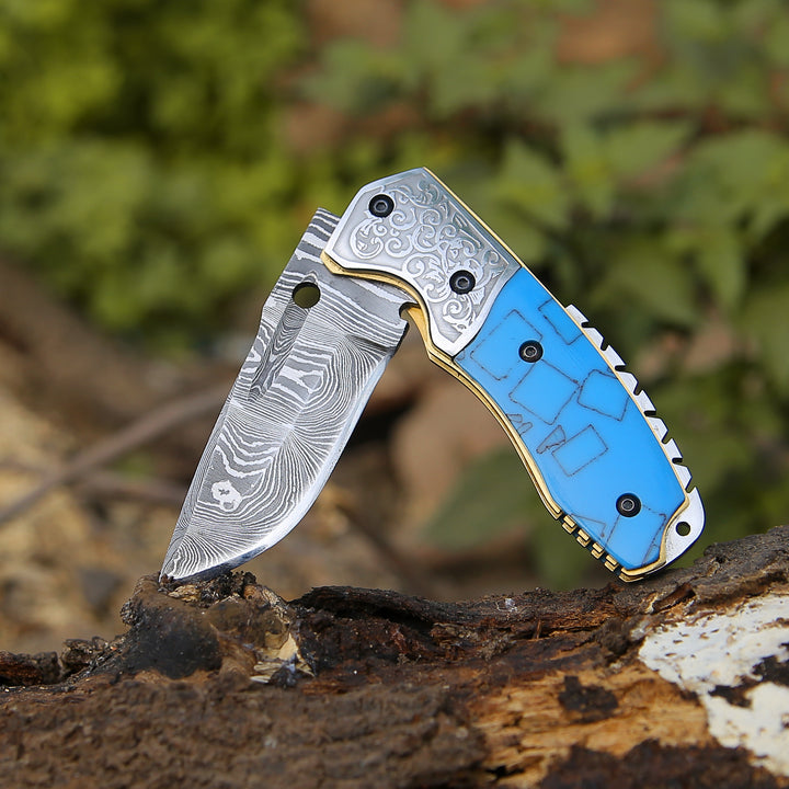 Damascus Folding Knife - Reckoner Damascus Folding Knife with Turquoise Resin Handle - Shokunin USA
