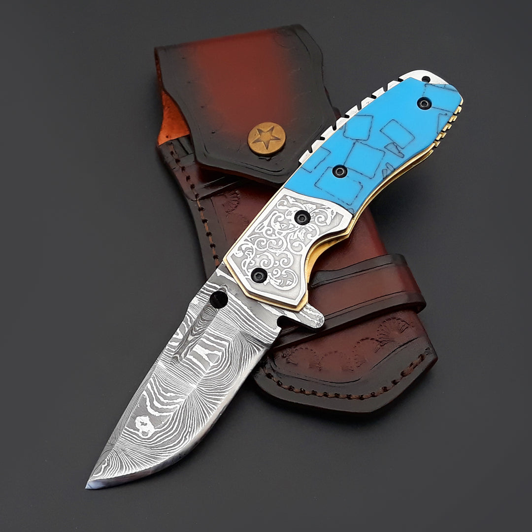 Damascus Folding Knife - Reckoner Damascus Folding Knife with Turquoise Resin Handle - Shokunin USA