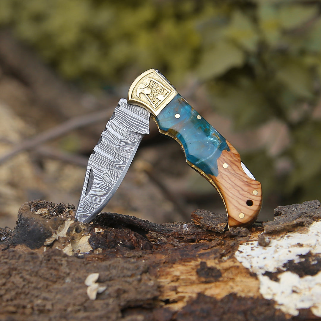 Pocket Knife - Perseus Damascus Pocket Knife with Exotic Olive Wood & Resin Handle - Shokunin USA
