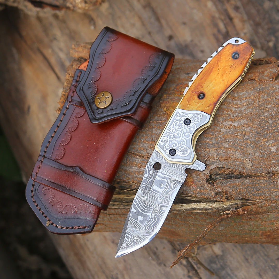 Damascus Pocket Knife - Reckoner Damascus Pocket Knife with Charred Bone Handle - Shokunin USA