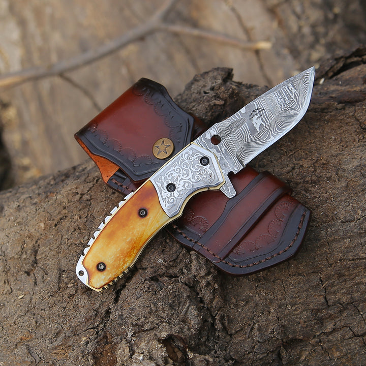 Damascus Pocket Knife - Reckoner Damascus Pocket Knife with Charred Bone Handle - Shokunin USA