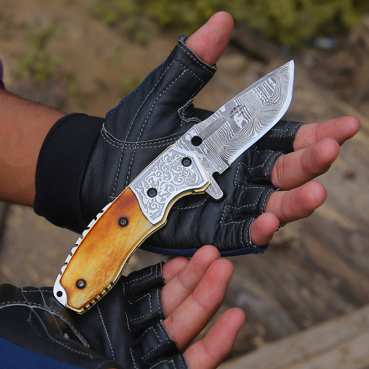 Damascus Pocket Knife - Reckoner Damascus Pocket Knife with Charred Bone Handle - Shokunin USA